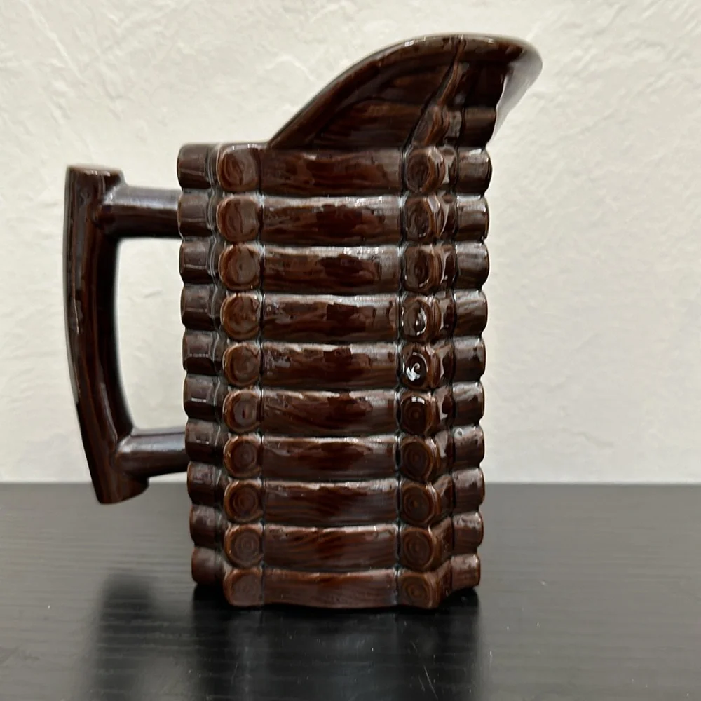 Brown Luster Ceramic Log Cabin Vintage Pitcher